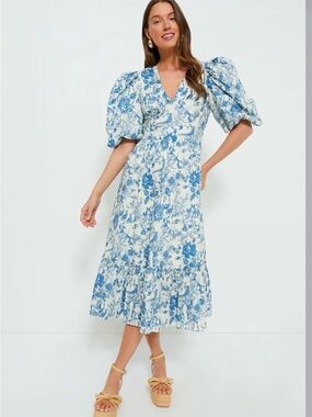 Hyacinth House Lindley Blue Floral V-Neck Puff-Sleeve Midi Dress